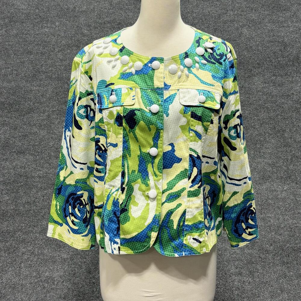 Linear Jacket Womens XL Multicolor Floral Beaded Button Front 3/4 Sleeve Cropped